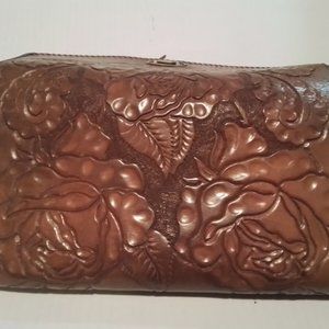 Rose Of Mexico Lether Cluch Purce Brown Carved Lether Vintage Rm1